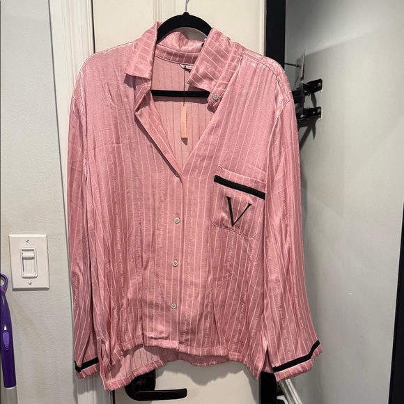 Victoria's Secret Other - Victoria's Secret Pink Striped Satin logo pajama set